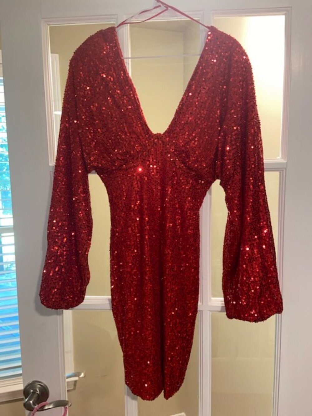 V neck red sequin mini dress